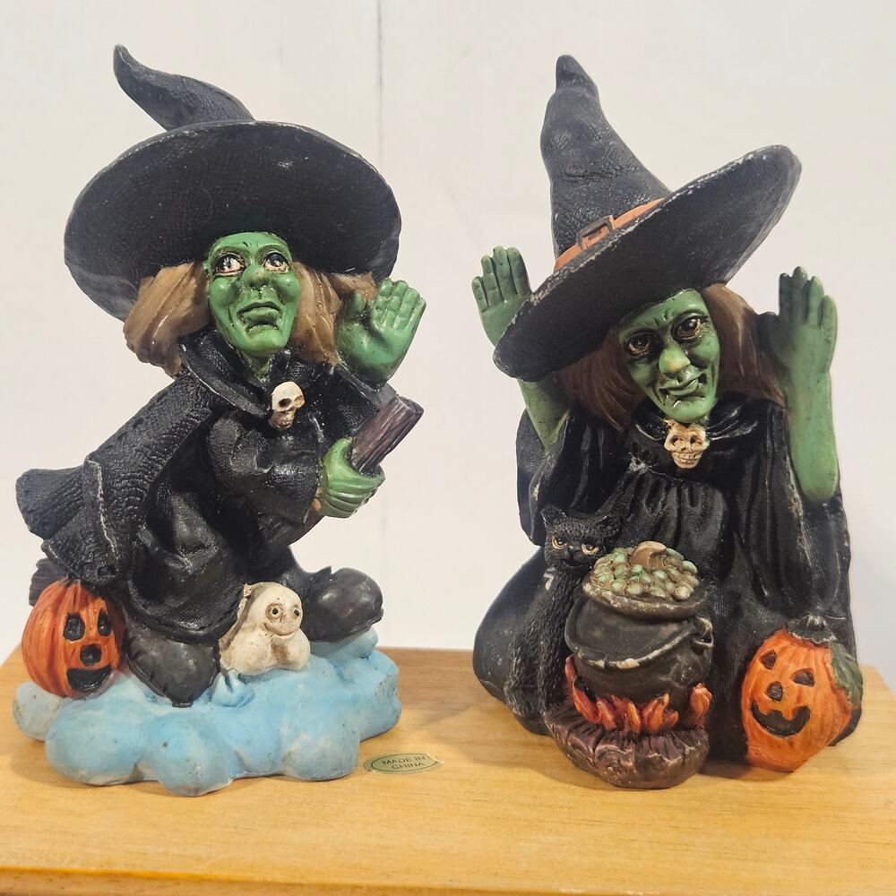 Vintage K'sCollection Halloween Witch Figurine Lot Cauldron Broom Ghost Cat 90s